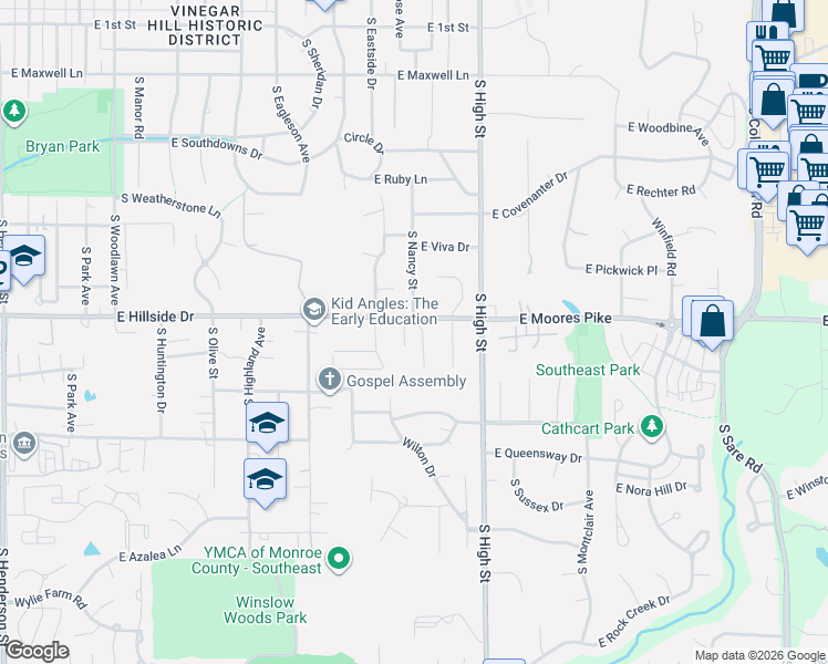 map of restaurants, bars, coffee shops, grocery stores, and more near 1506 South Nancy Street in Bloomington
