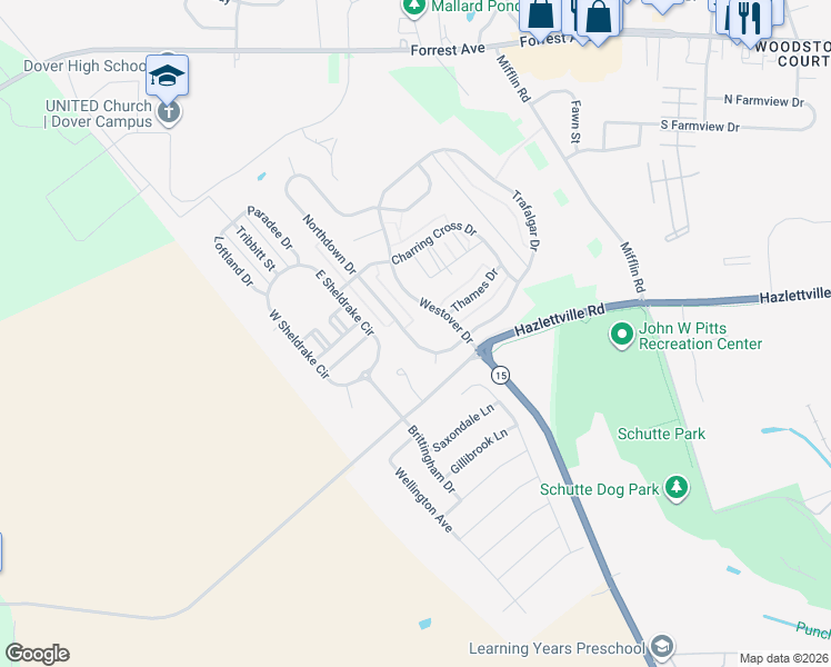 map of restaurants, bars, coffee shops, grocery stores, and more near 213 Northdown Drive in Dover