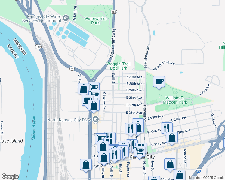 map of restaurants, bars, coffee shops, grocery stores, and more near 307 East 29th Avenue in North Kansas City