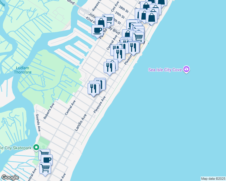 map of restaurants, bars, coffee shops, grocery stores, and more near 10 48th Street in Sea Isle City