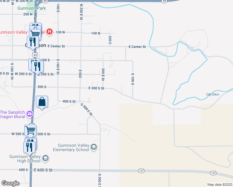 map of restaurants, bars, coffee shops, grocery stores, and more near 340 East 300 South Street in Gunnison
