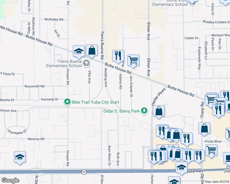 map of restaurants, bars, coffee shops, grocery stores, and more near 1558 Adams Road in Yuba City