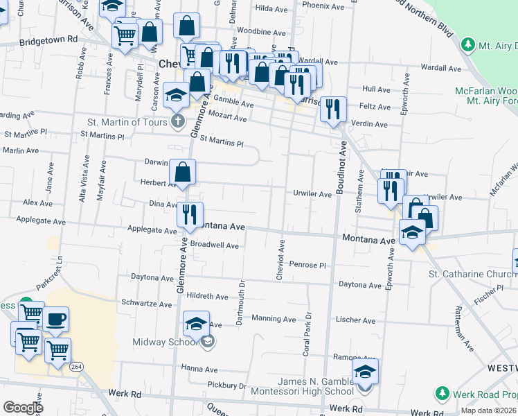 map of restaurants, bars, coffee shops, grocery stores, and more near 3435 Mcfadden Ave in Cincinnati