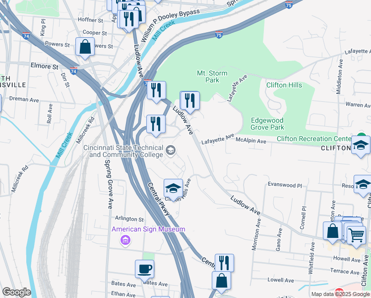 map of restaurants, bars, coffee shops, grocery stores, and more near 898 Clifton Crest Terrace in Cincinnati