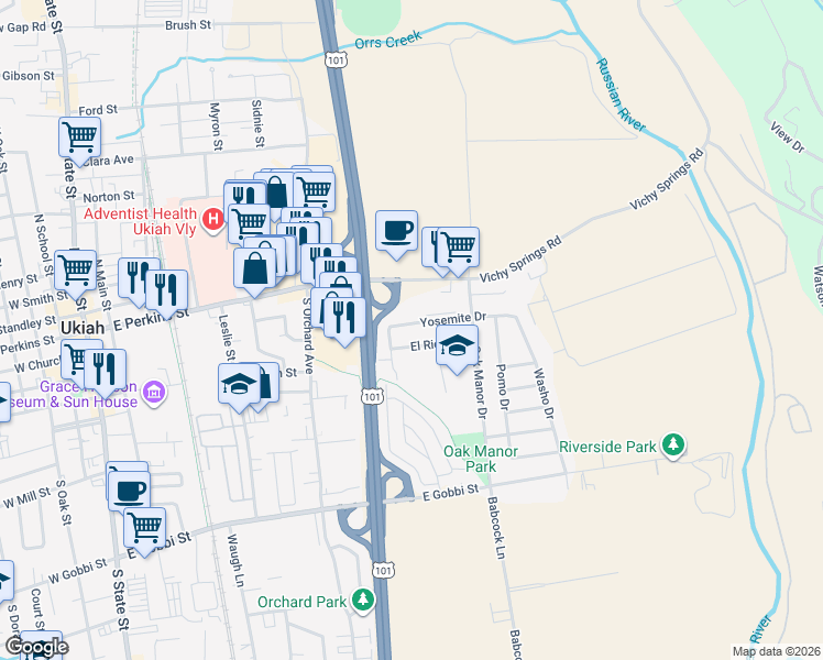 map of restaurants, bars, coffee shops, grocery stores, and more near 725 Yosemite Drive in Ukiah