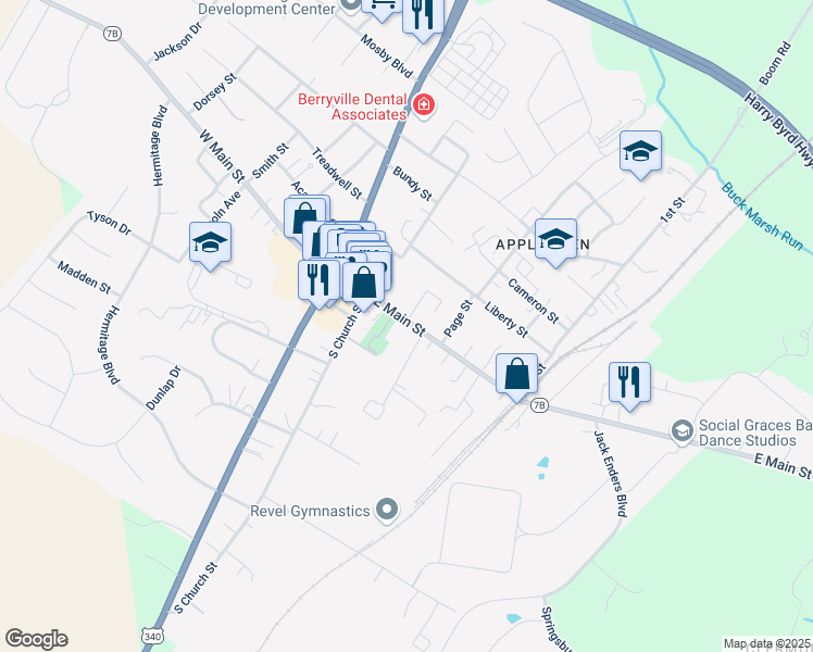map of restaurants, bars, coffee shops, grocery stores, and more near 101 East Main Street in Berryville
