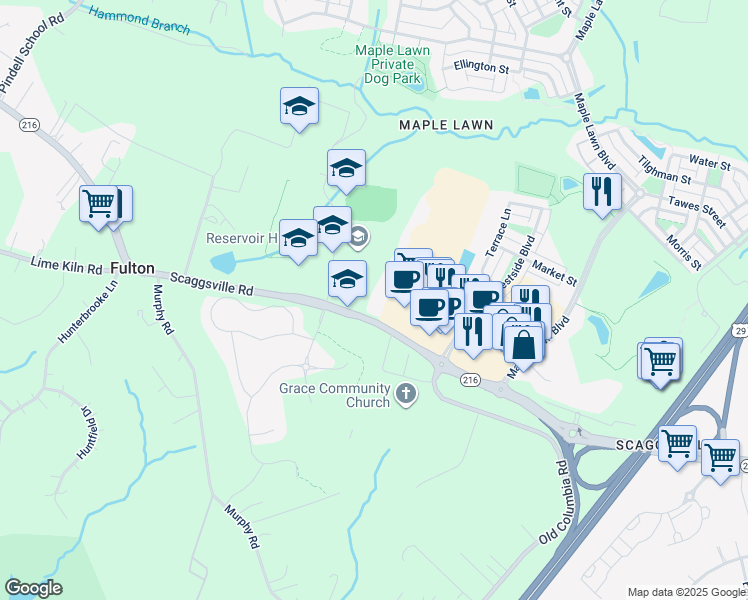 map of restaurants, bars, coffee shops, grocery stores, and more near 11584 Scaggsville Road in Fulton