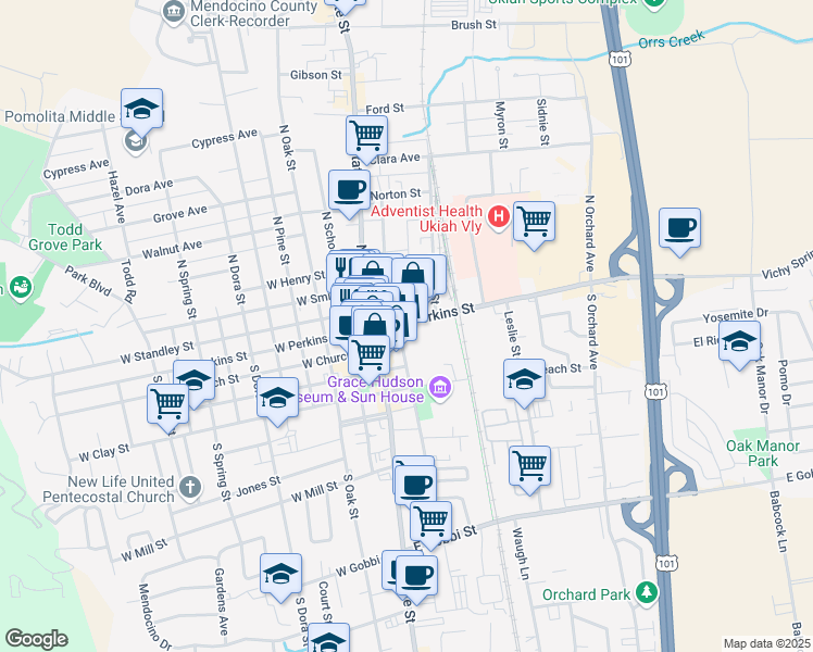 map of restaurants, bars, coffee shops, grocery stores, and more near 101 South Main Street in Ukiah
