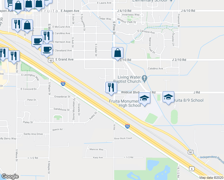 map of restaurants, bars, coffee shops, grocery stores, and more near 842 East Cedar Court in Fruita