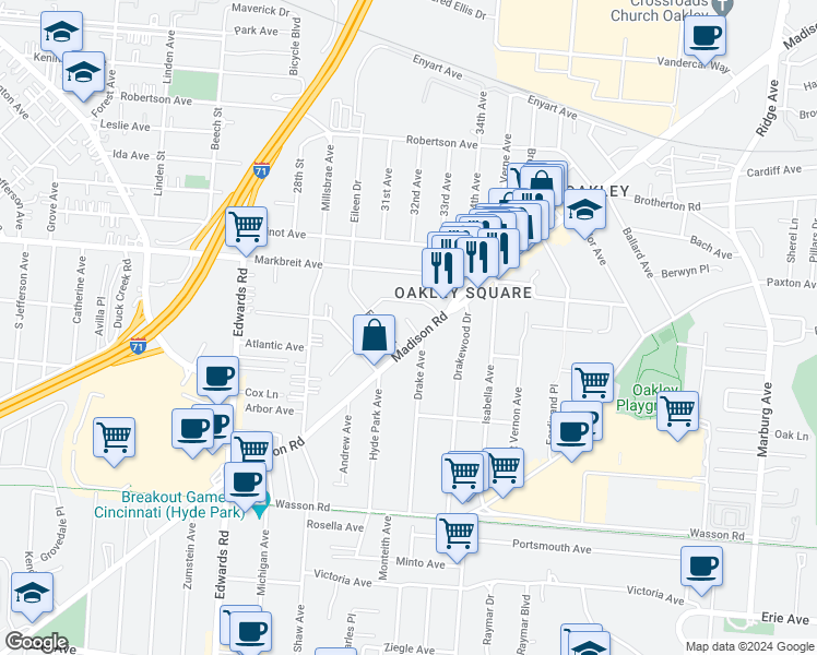 map of restaurants, bars, coffee shops, grocery stores, and more near 2951 Madison Road in Cincinnati