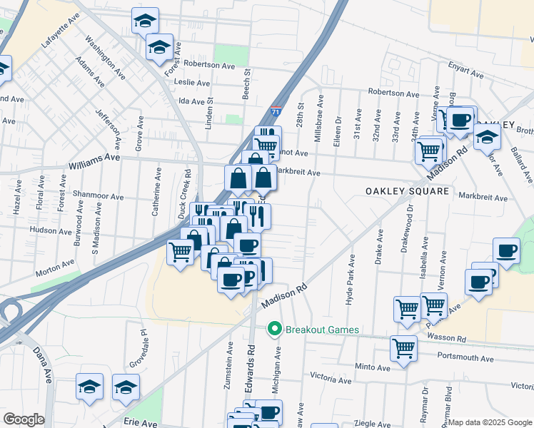 map of restaurants, bars, coffee shops, grocery stores, and more near 3831 Edwards Road in Newtown