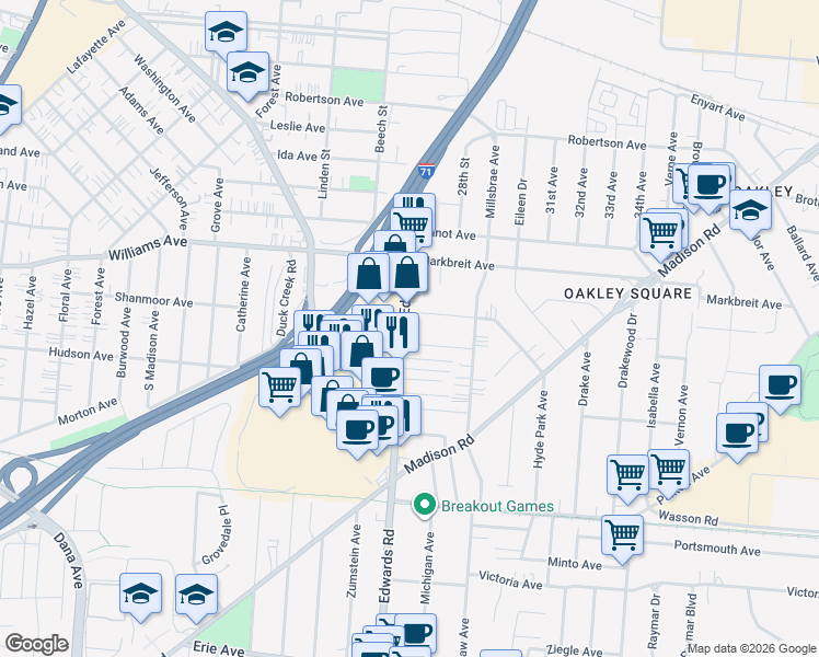 map of restaurants, bars, coffee shops, grocery stores, and more near 3831 Edwards Road in Newtown