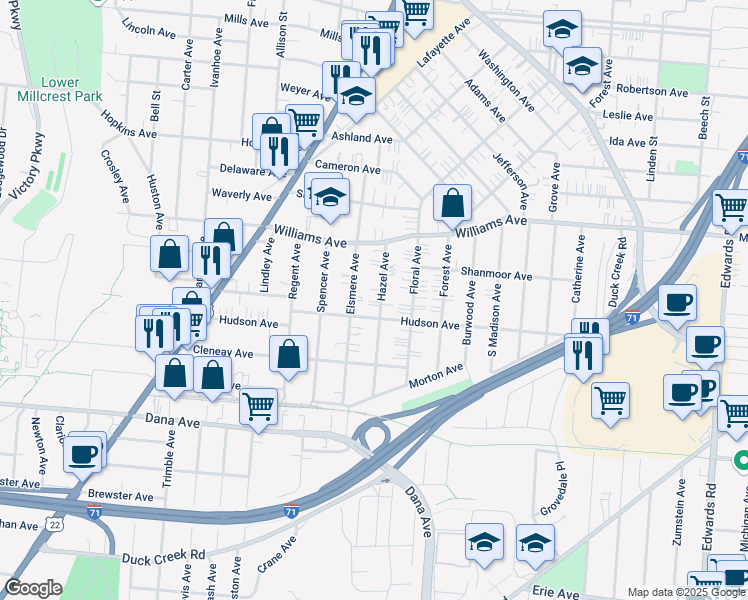 map of restaurants, bars, coffee shops, grocery stores, and more near 3907 Hazel Avenue in Cincinnati
