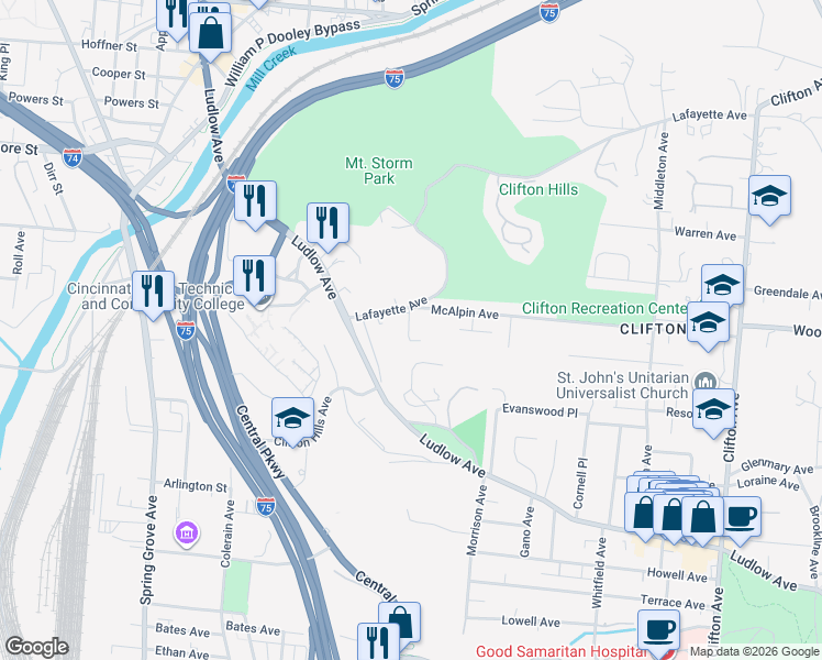 map of restaurants, bars, coffee shops, grocery stores, and more near 615 McAlpin Avenue in Cincinnati