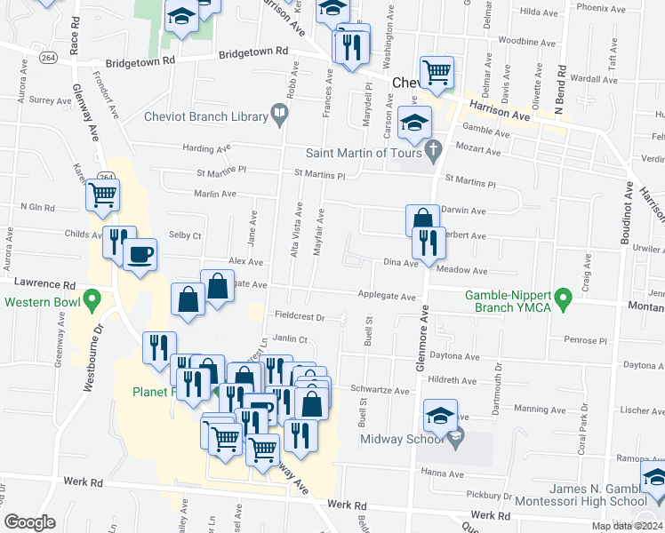 map of restaurants, bars, coffee shops, grocery stores, and more near 3410 Mayfair Avenue in Cincinnati