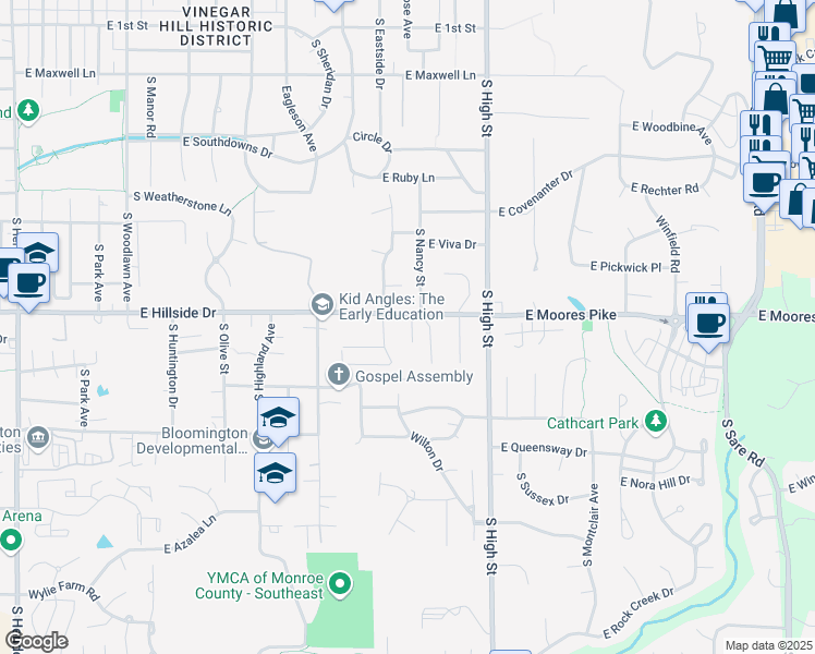 map of restaurants, bars, coffee shops, grocery stores, and more near 1506 South Nancy Street in Bloomington