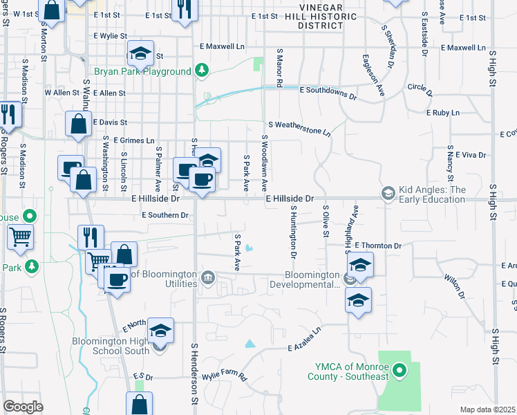 map of restaurants, bars, coffee shops, grocery stores, and more near 914 East Hillside Drive in Bloomington