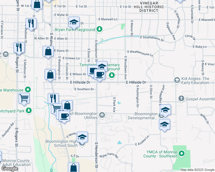 map of restaurants, bars, coffee shops, grocery stores, and more near 606 East Hillside Drive in Bloomington