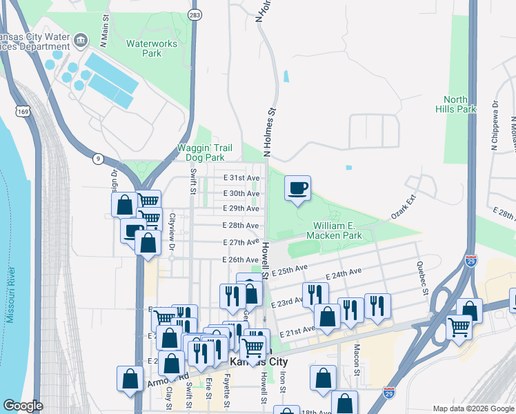 map of restaurants, bars, coffee shops, grocery stores, and more near 603 East 29th Avenue in North Kansas City