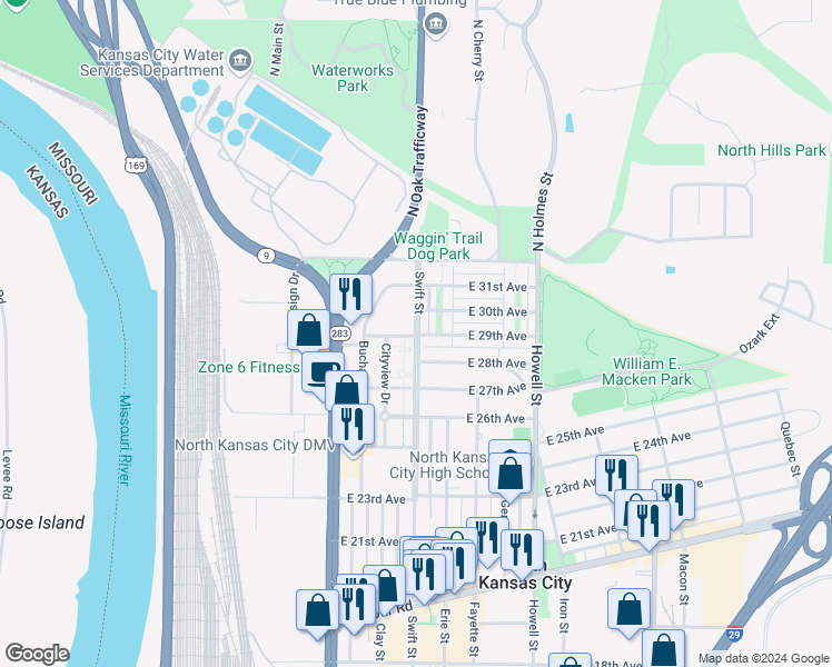 map of restaurants, bars, coffee shops, grocery stores, and more near 307 East 29th Avenue in North Kansas City