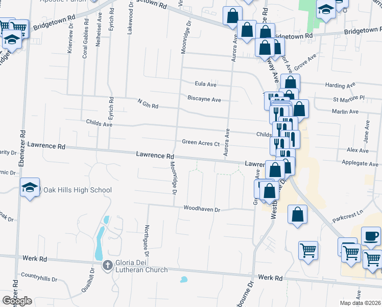 map of restaurants, bars, coffee shops, grocery stores, and more near 5662 Lawrence Road in Cincinnati