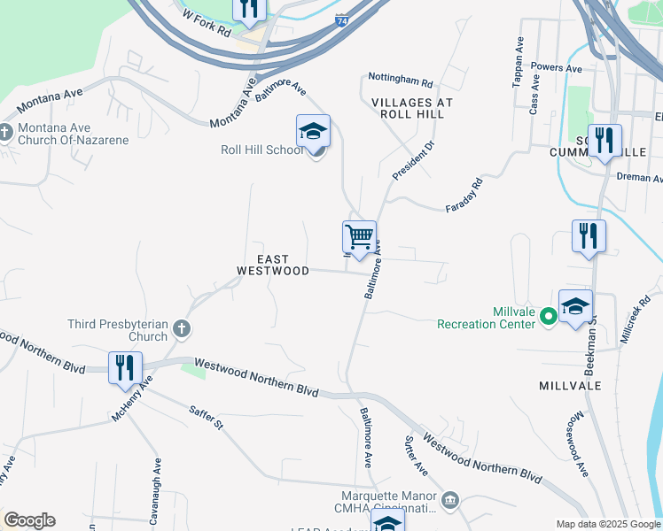map of restaurants, bars, coffee shops, grocery stores, and more near 3595 McHenry Avenue in Cincinnati
