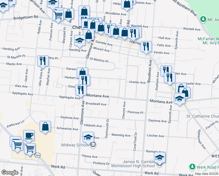 map of restaurants, bars, coffee shops, grocery stores, and more near 3516 Meadow Avenue in Cincinnati