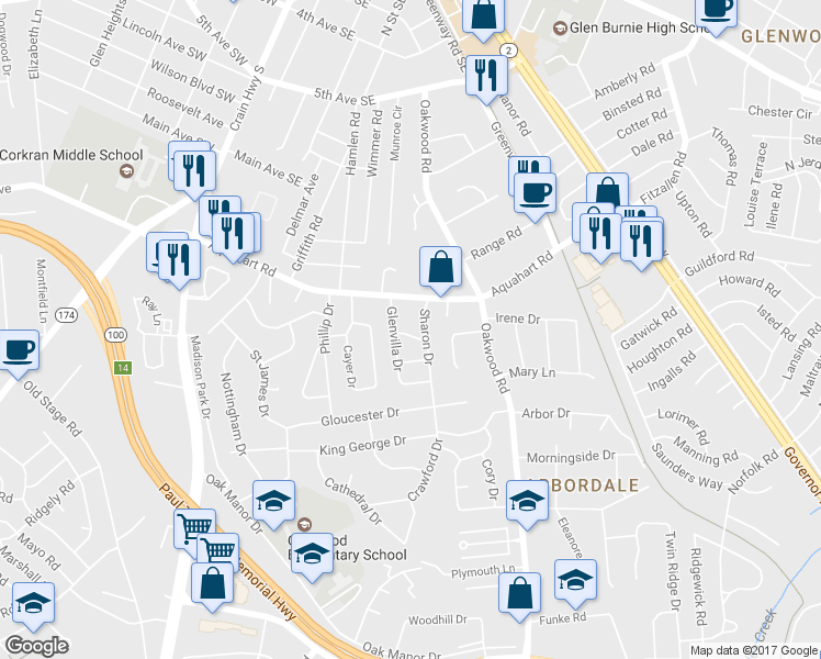 map of restaurants, bars, coffee shops, grocery stores, and more near 304 Sheridan Drive in Glen Burnie