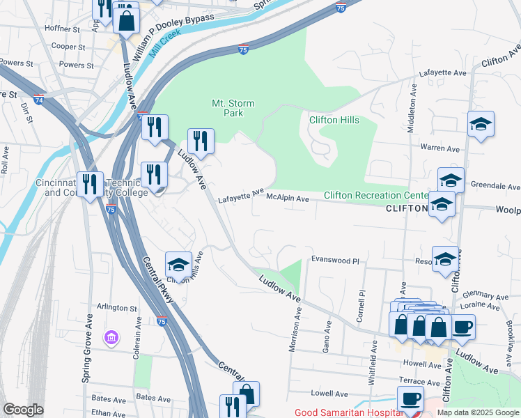 map of restaurants, bars, coffee shops, grocery stores, and more near 615 McAlpin Avenue in Cincinnati