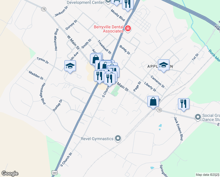 map of restaurants, bars, coffee shops, grocery stores, and more near 100 South Church Street in Berryville