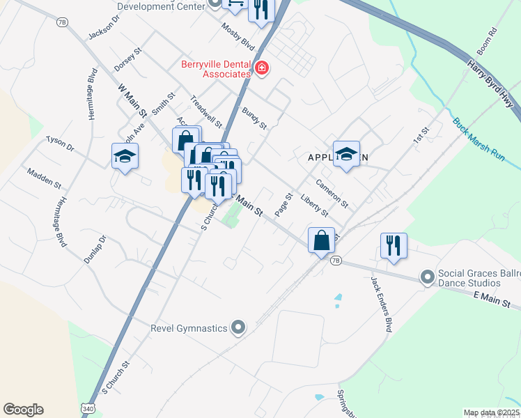 map of restaurants, bars, coffee shops, grocery stores, and more near 106 Virginia 7 Business in Berryville