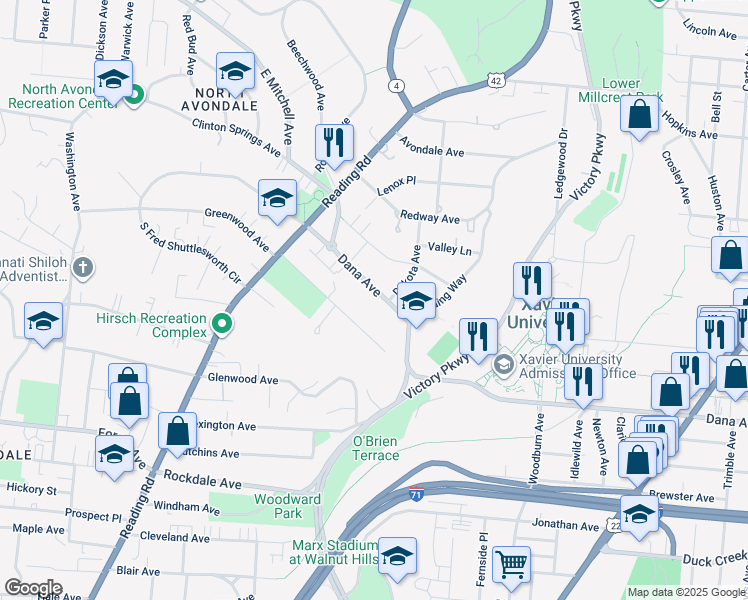 map of restaurants, bars, coffee shops, grocery stores, and more near 995 Dana Avenue in Cincinnati