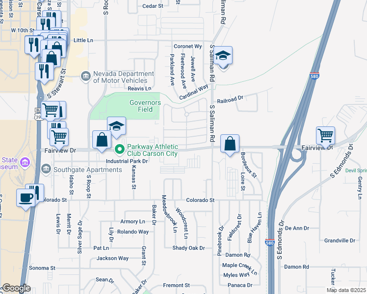 map of restaurants, bars, coffee shops, grocery stores, and more near 1195 Bandtail Drive in Carson City