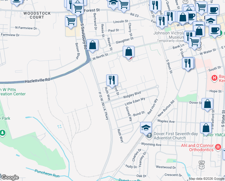 map of restaurants, bars, coffee shops, grocery stores, and more near 515 Ann Moore Street in Dover