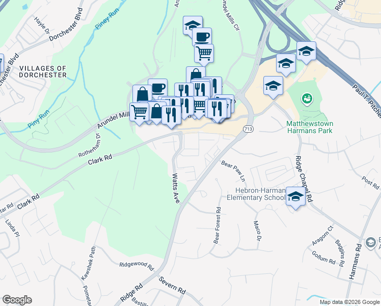 map of restaurants, bars, coffee shops, grocery stores, and more near 1610 Cheston Lane in Hanover