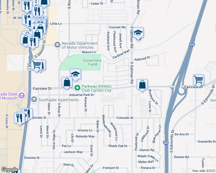 map of restaurants, bars, coffee shops, grocery stores, and more near 1083 Bandtail Drive in Carson City