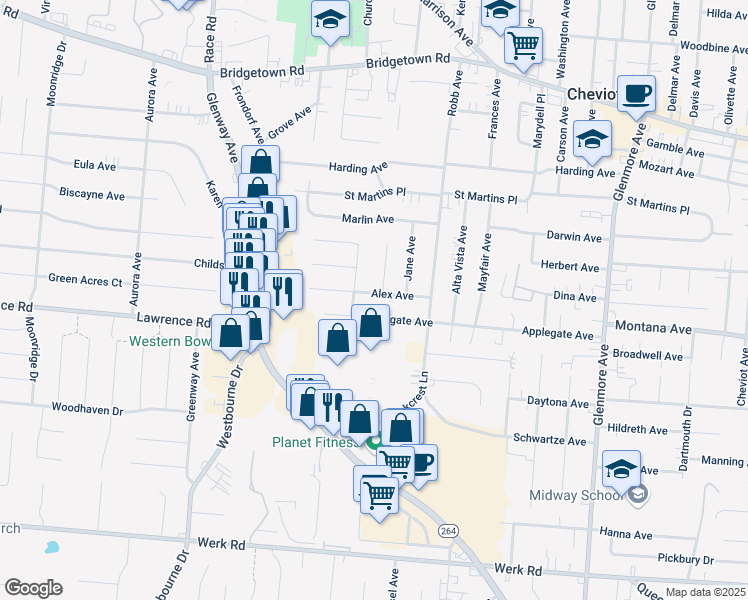 map of restaurants, bars, coffee shops, grocery stores, and more near 4245 Alex Avenue in Cincinnati