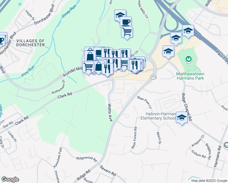 map of restaurants, bars, coffee shops, grocery stores, and more near 7569 Stoney Run Drive in Hanover