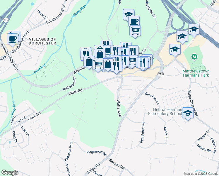 map of restaurants, bars, coffee shops, grocery stores, and more near 7609 Tifton Lane in Hanover
