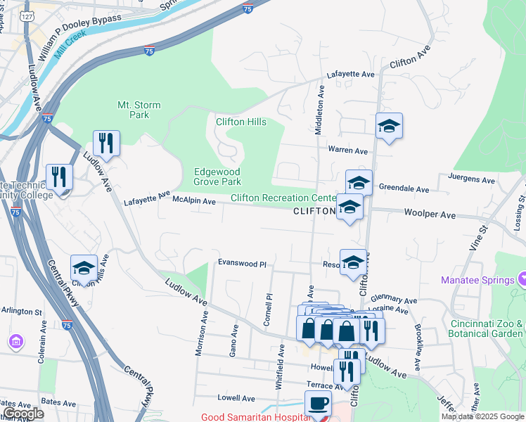 map of restaurants, bars, coffee shops, grocery stores, and more near 503 McAlpin Avenue in Cincinnati