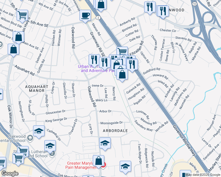map of restaurants, bars, coffee shops, grocery stores, and more near 419 Irene Drive in Glen Burnie