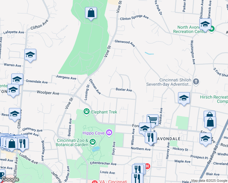 map of restaurants, bars, coffee shops, grocery stores, and more near 209 Baxter Avenue in Cincinnati