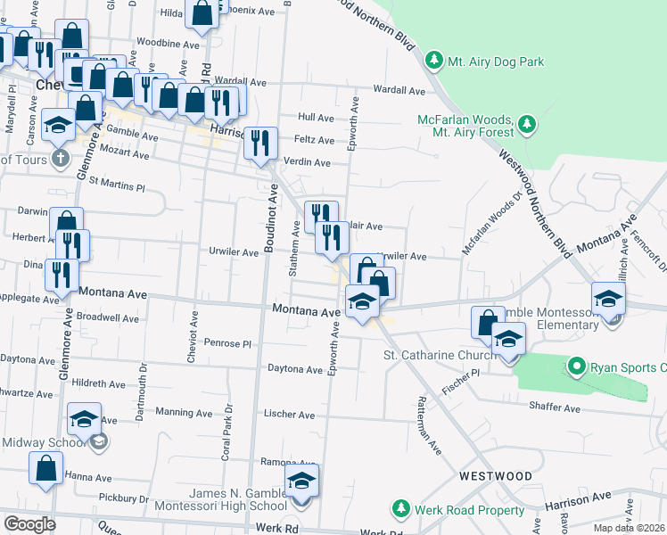 map of restaurants, bars, coffee shops, grocery stores, and more near 3447 Epworth Avenue in Cincinnati