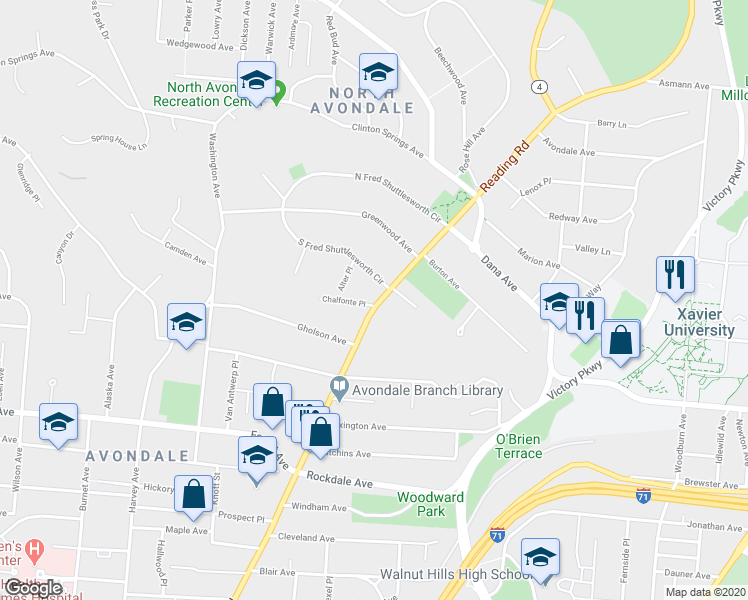 map of restaurants, bars, coffee shops, grocery stores, and more near 3655 Reading Road in Cincinnati