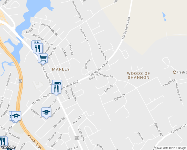 map of restaurants, bars, coffee shops, grocery stores, and more near 368 Clover Court in Glen Burnie