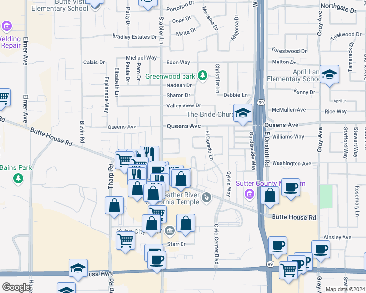 map of restaurants, bars, coffee shops, grocery stores, and more near 1574 Heather Drive in Yuba City