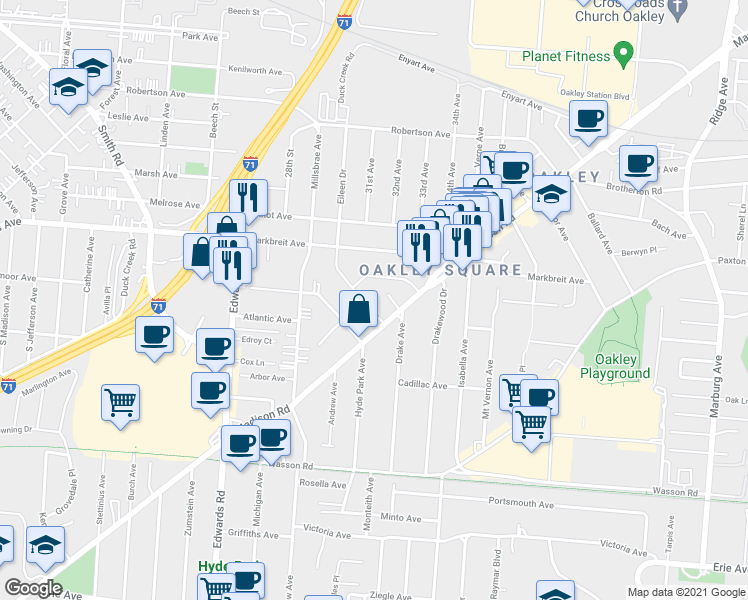 map of restaurants, bars, coffee shops, grocery stores, and more near 3820 Eileen Drive in Cincinnati