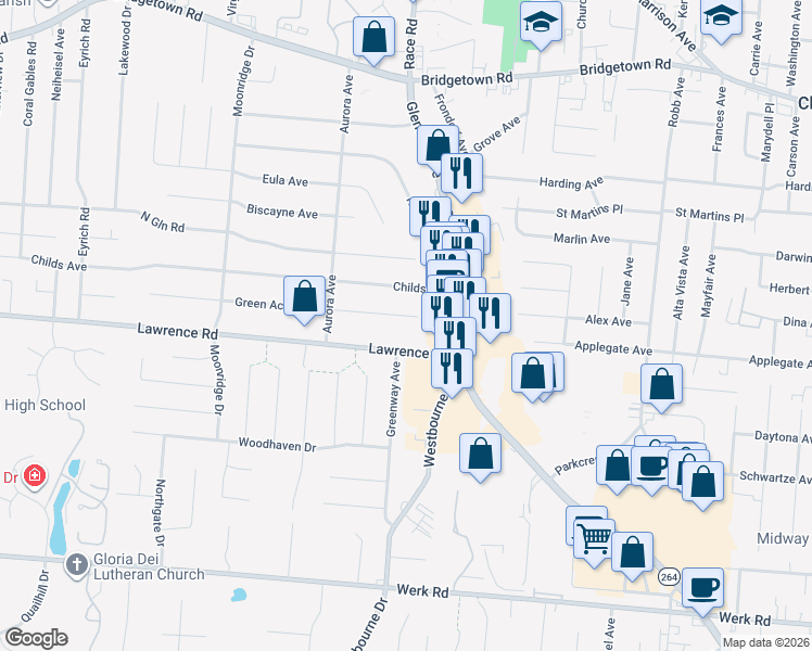 map of restaurants, bars, coffee shops, grocery stores, and more near 5465 Green Acres Court in Cincinnati