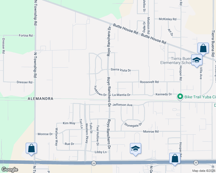 map of restaurants, bars, coffee shops, grocery stores, and more near 3408 Colonial Court in Yuba City