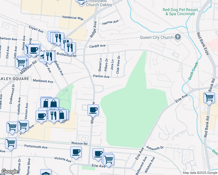 map of restaurants, bars, coffee shops, grocery stores, and more near 3439 South Club Crest Avenue in Cincinnati